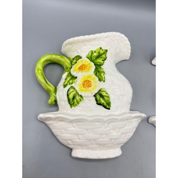 Vtg Lefton Ceramic Wall Pocket Pair Pitcher Basin Basketweave Daisy Decor - Picture 2 of 6